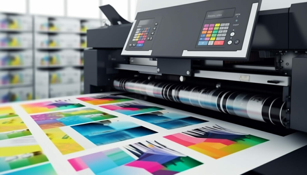 Modern printing press produces multi colored printouts accurately generated by AI